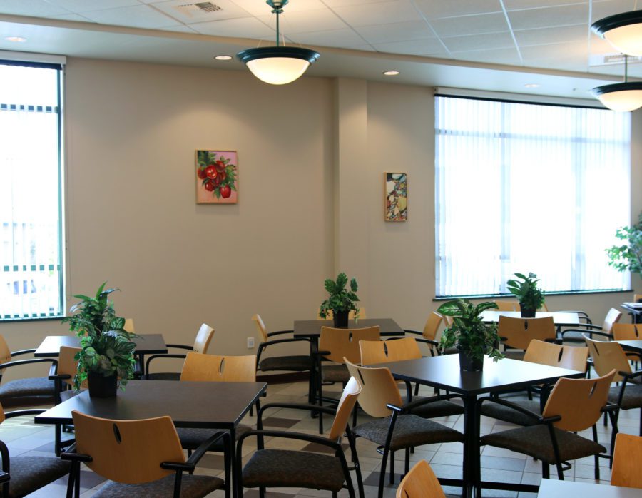 Cafeteria-style dining area in catering kitchen
